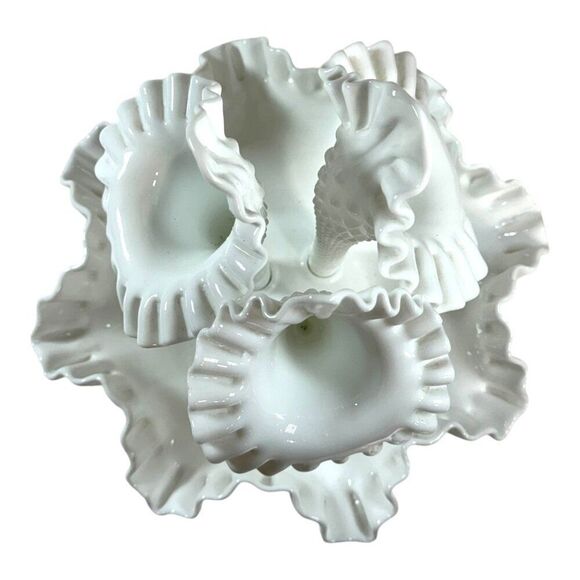 Vintage Fenton Hobnail White Milk Glass Triple Epergne Trumpet Vase REPAIRED - Picture 7 of 7